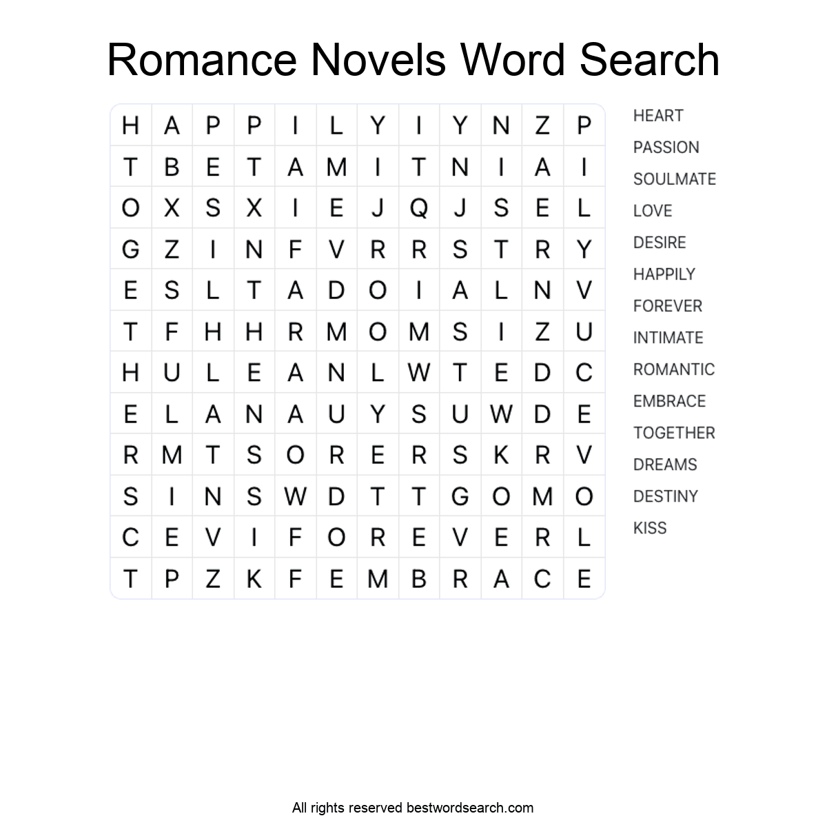 ROMANCE NOVELS (LITERATURE) Word Search Puzzle