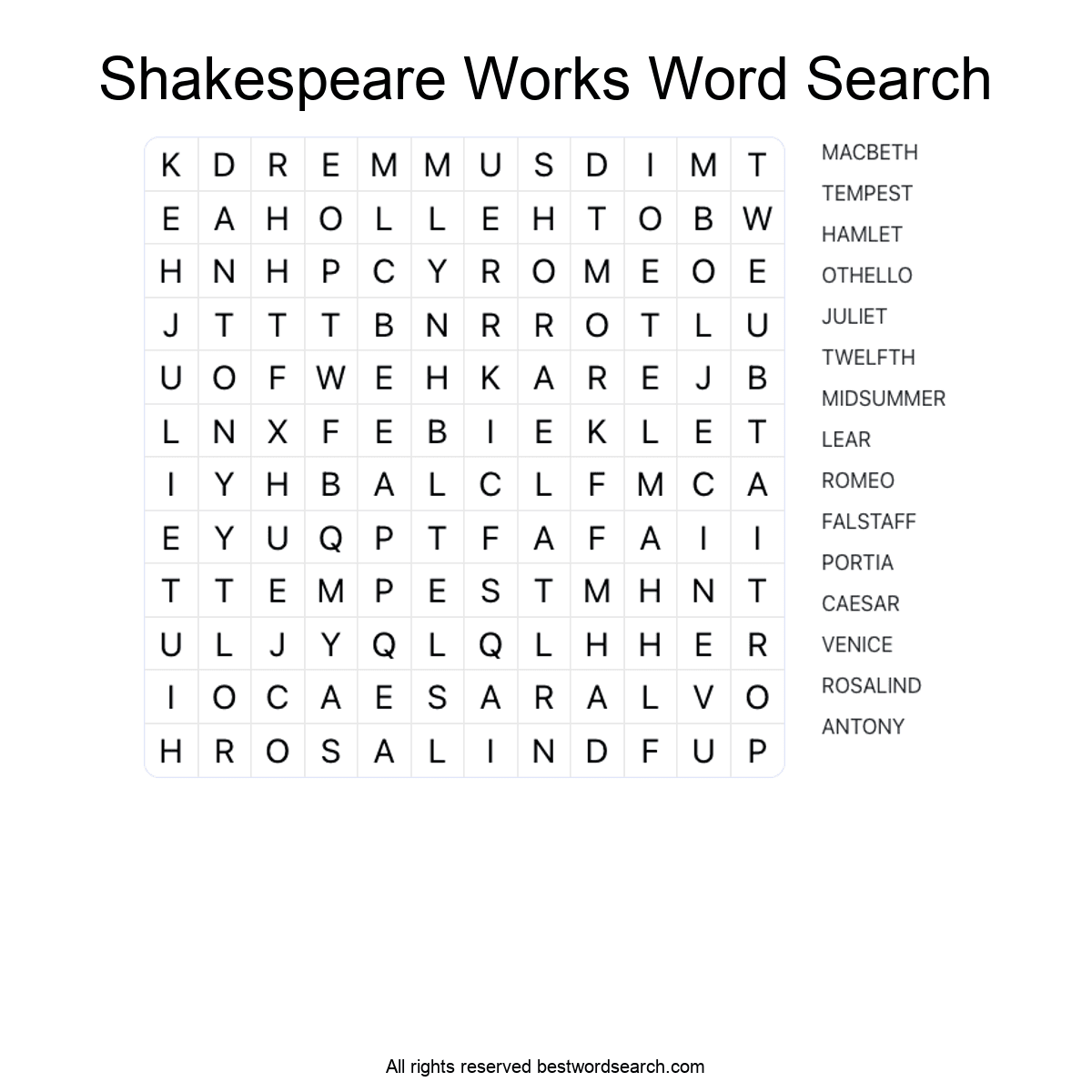 SHAKESPEARE WORKS (LITERATURE) Word Search Puzzle