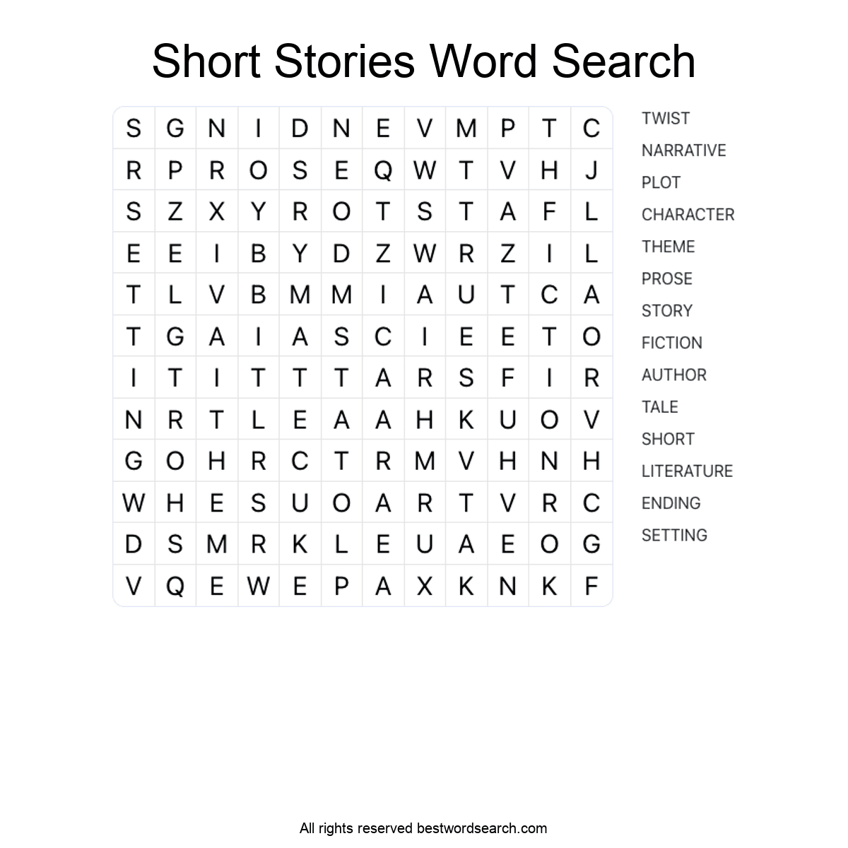 SHORT STORIES (LITERATURE) Word Search Puzzle