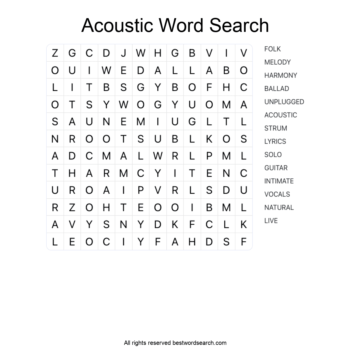 ACOUSTIC MUSIC (MUSIC) Word Search Puzzle