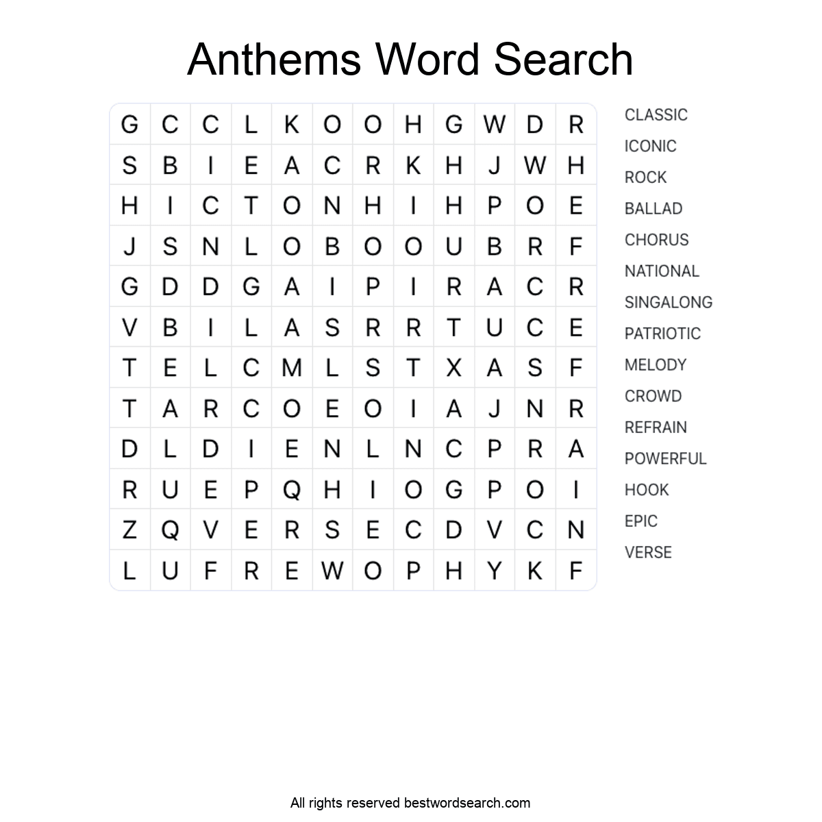 ANTHEMS (MUSIC) Word Search Puzzle