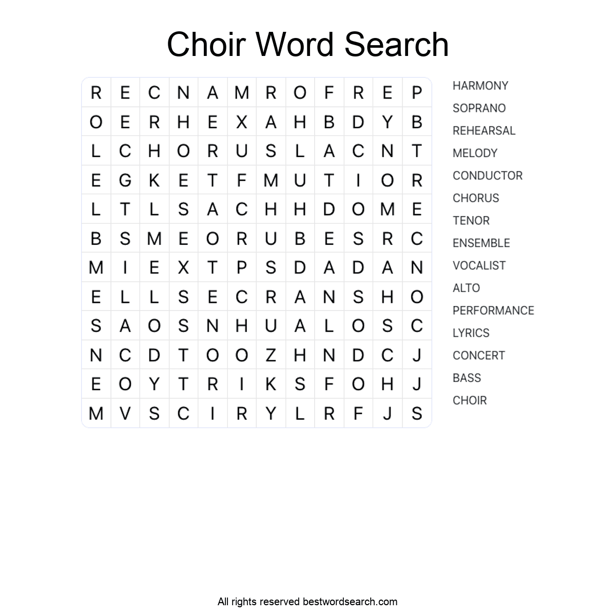 CHOIR (MUSIC) Word Search Puzzle