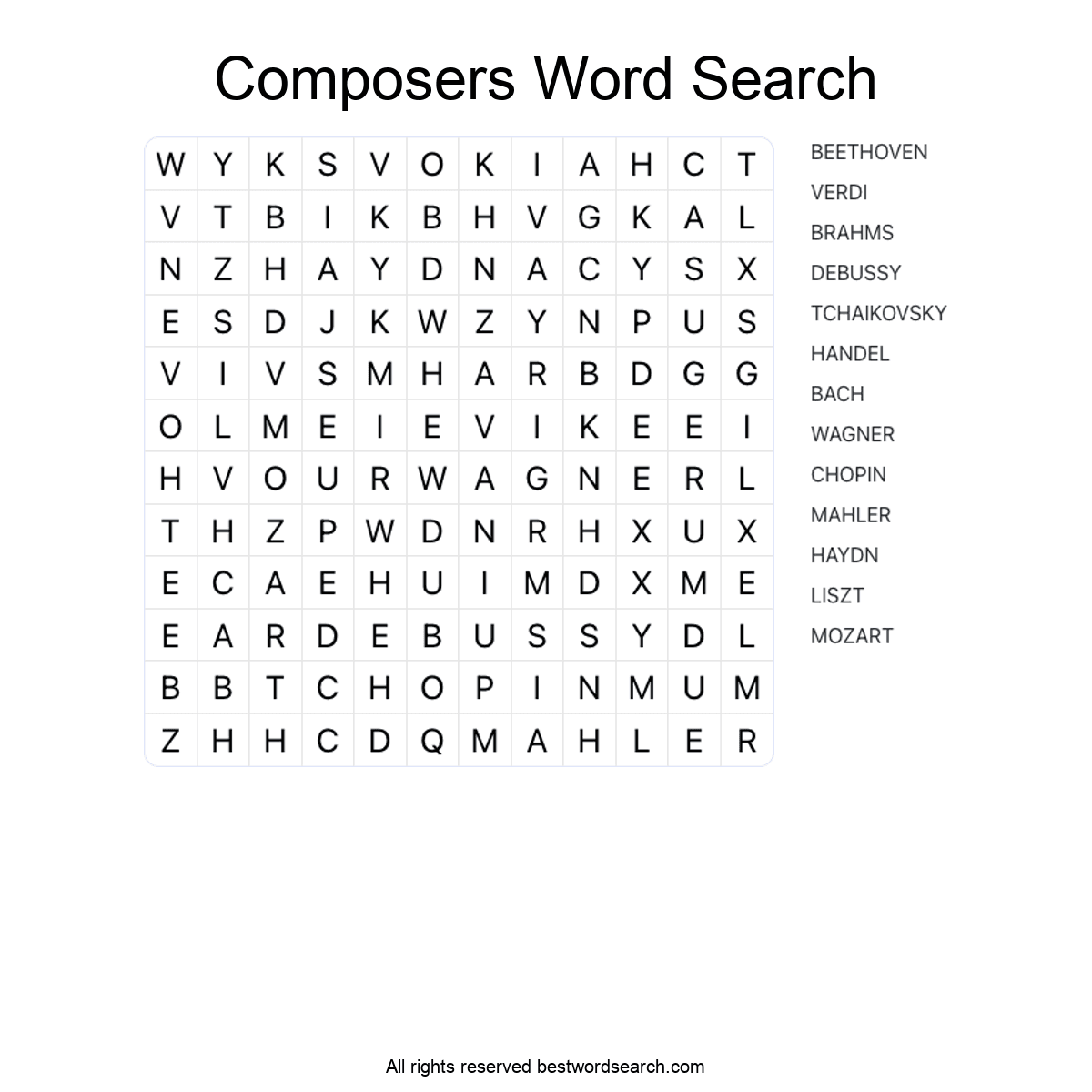 COMPOSERS (MUSIC) Word Search Puzzle