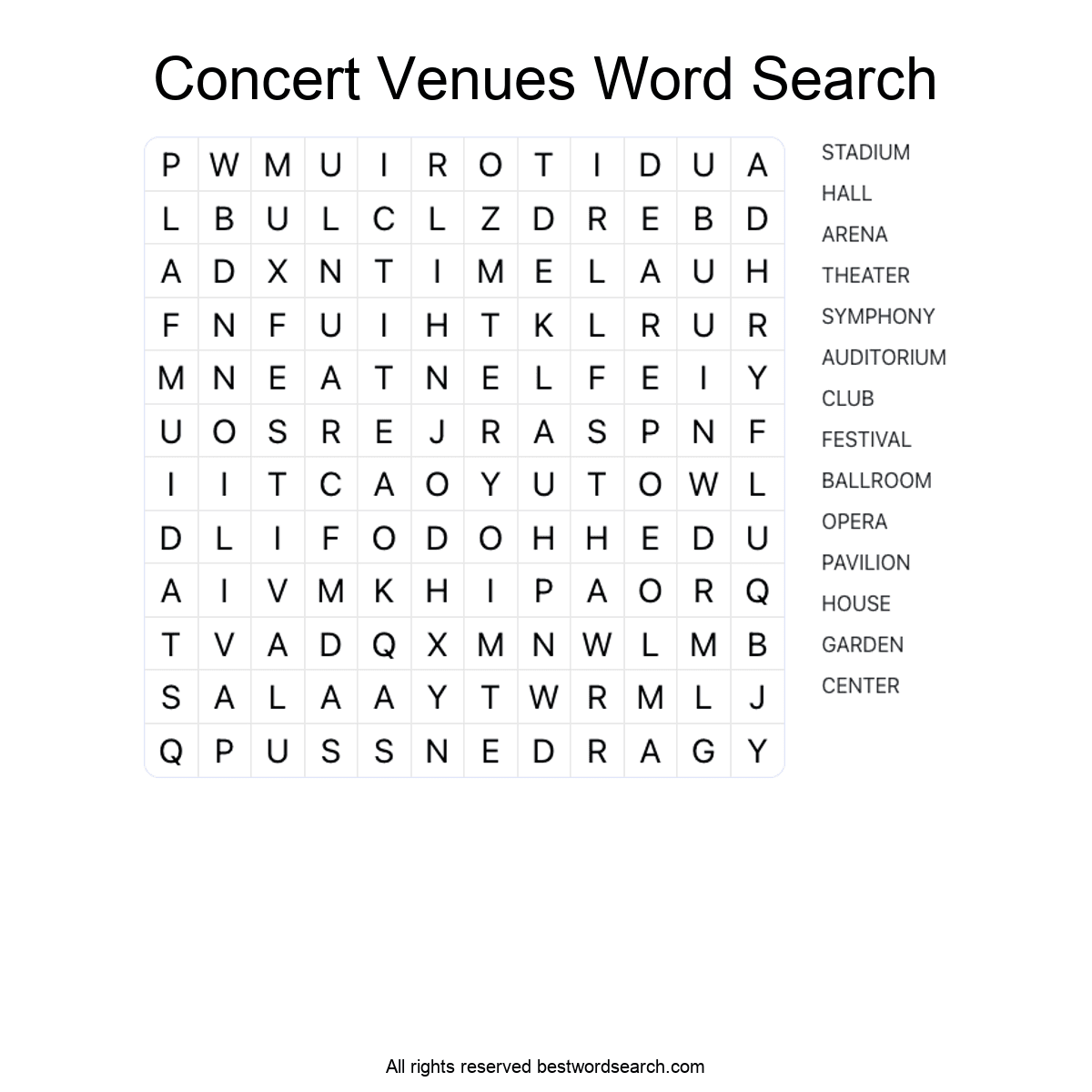 CONCERT VENUES (MUSIC) Word Search Puzzle