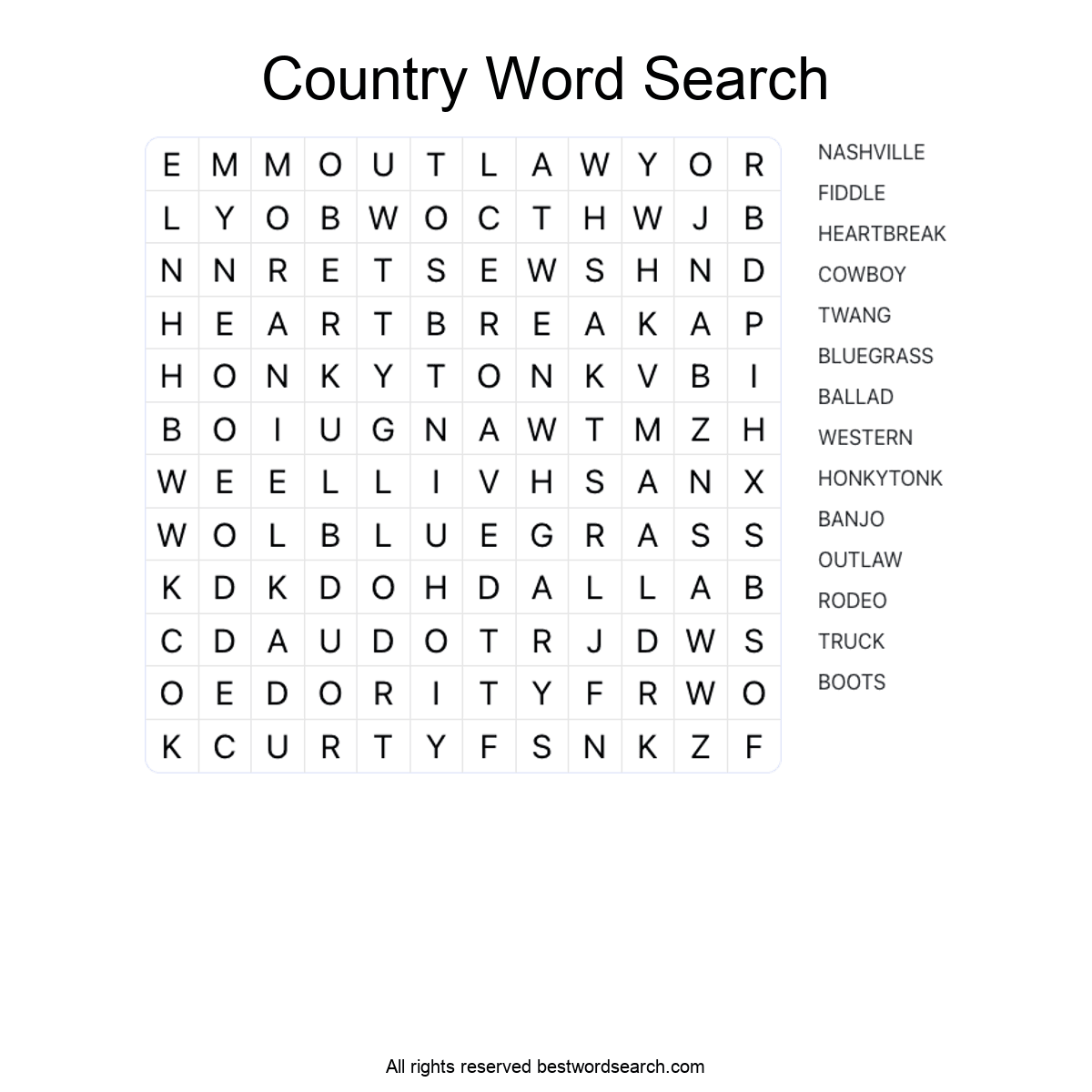 COUNTRY MUSIC (MUSIC) Word Search Puzzle