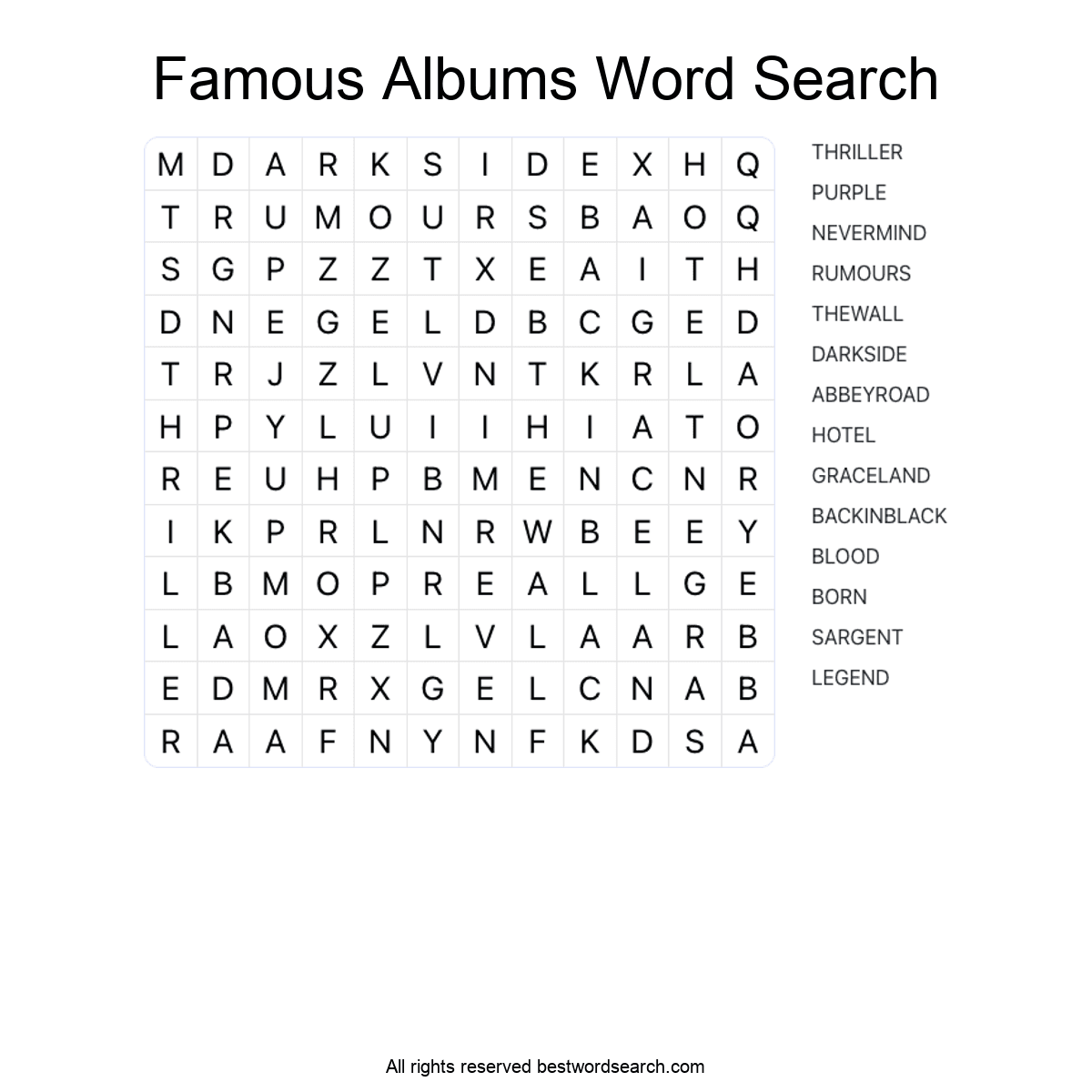 FAMOUS ALBUMS (MUSIC) Word Search Puzzle