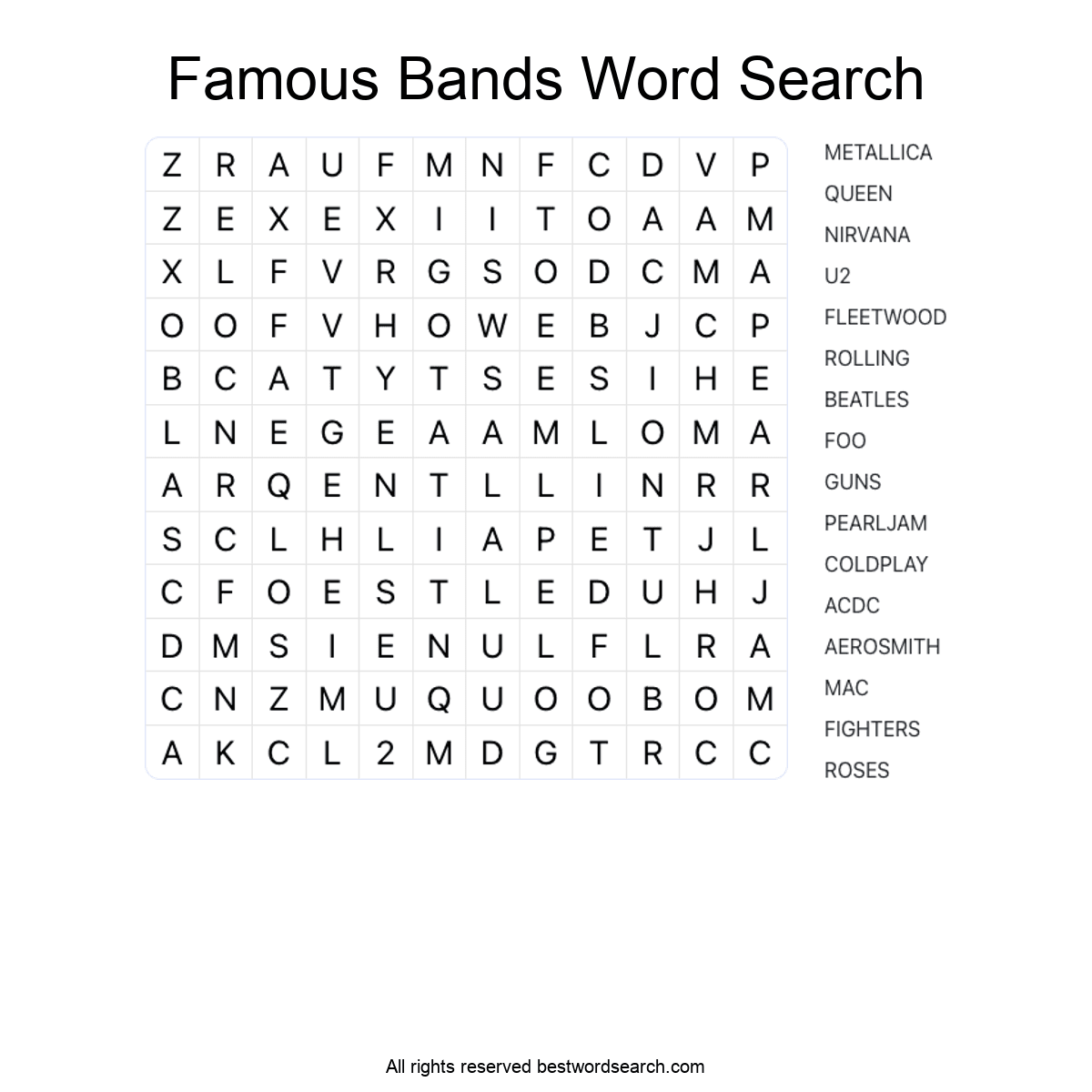 FAMOUS BANDS (MUSIC) Word Search Puzzle