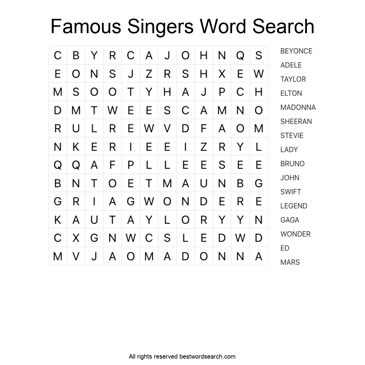 FAMOUS SINGERS (MUSIC) Word Search Puzzle