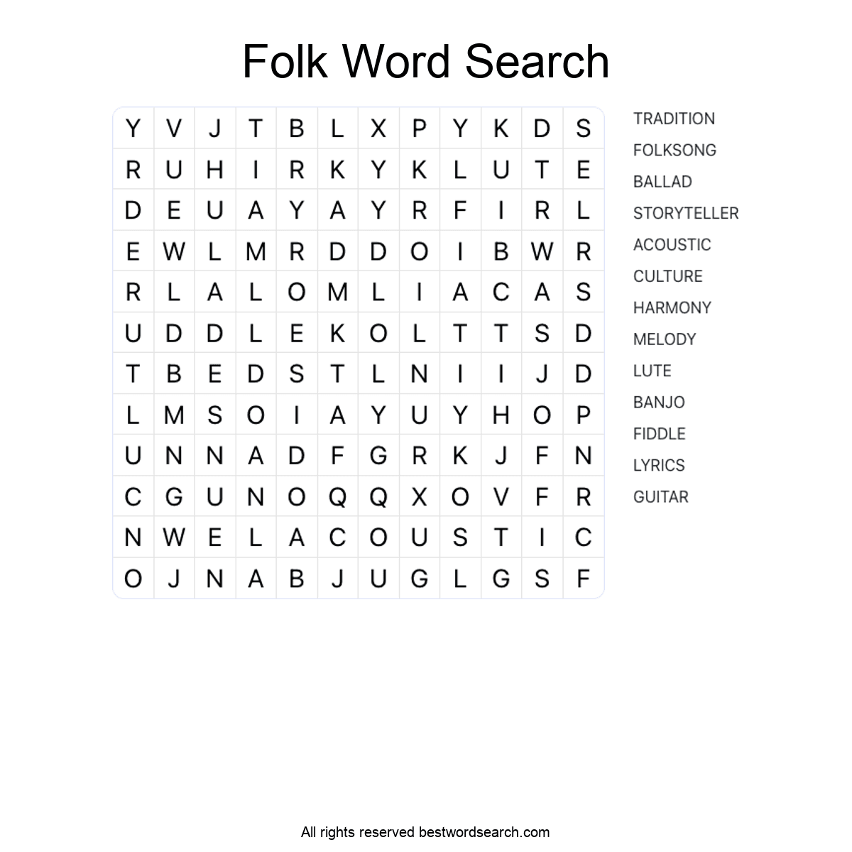 FOLK MUSIC (MUSIC) Word Search Puzzle