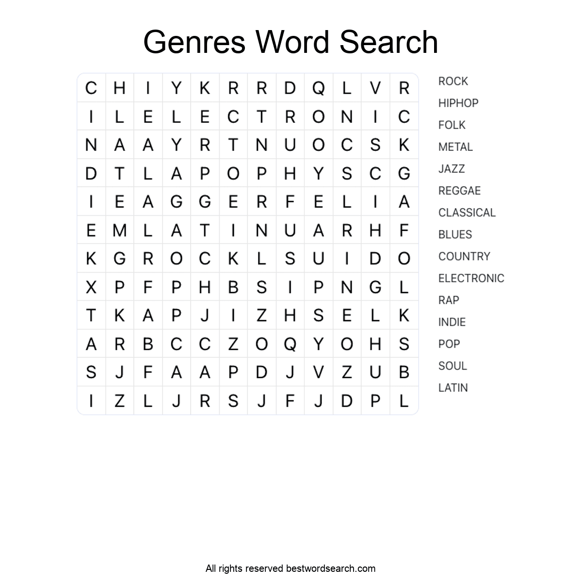 GENRES (MUSIC) Word Search Puzzle