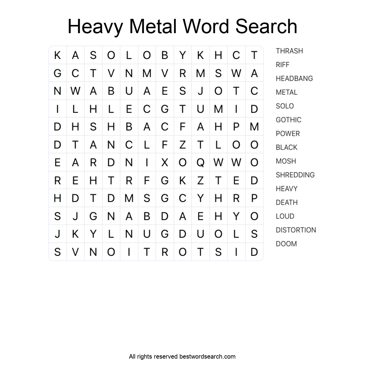 HEAVY METAL (MUSIC) Word Search Puzzle