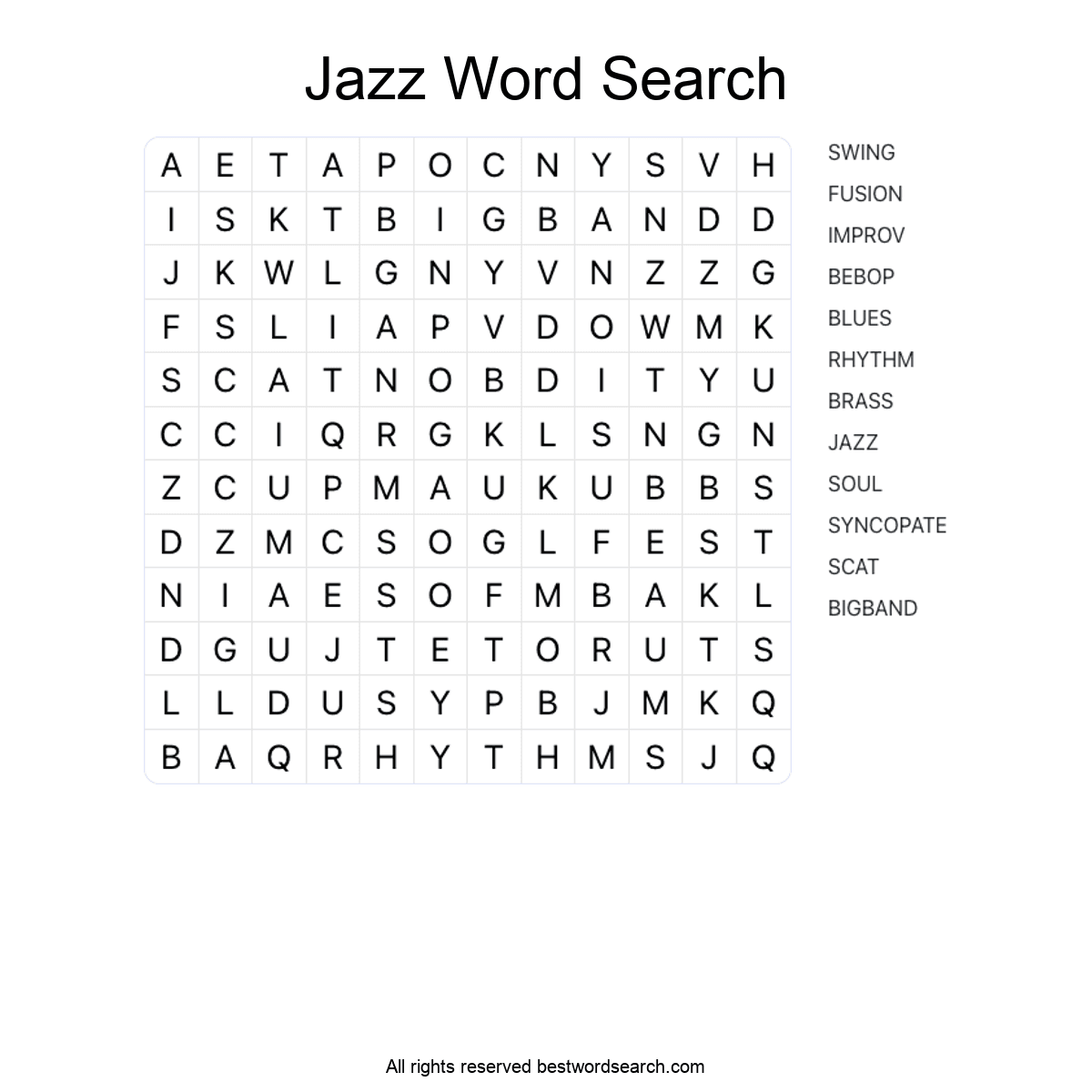 JAZZ (MUSIC) Word Search Puzzle