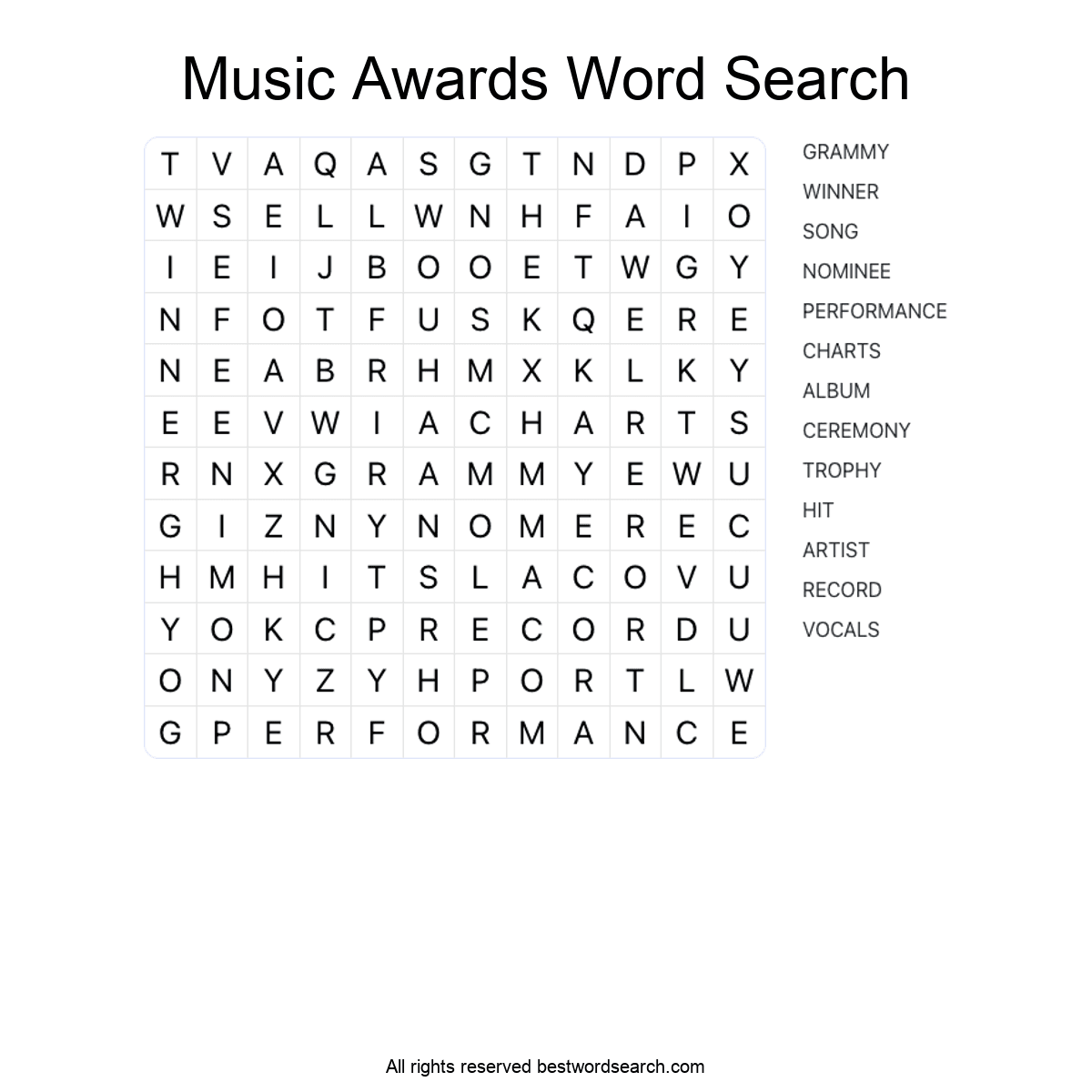 MUSIC AWARDS Word Search Puzzle