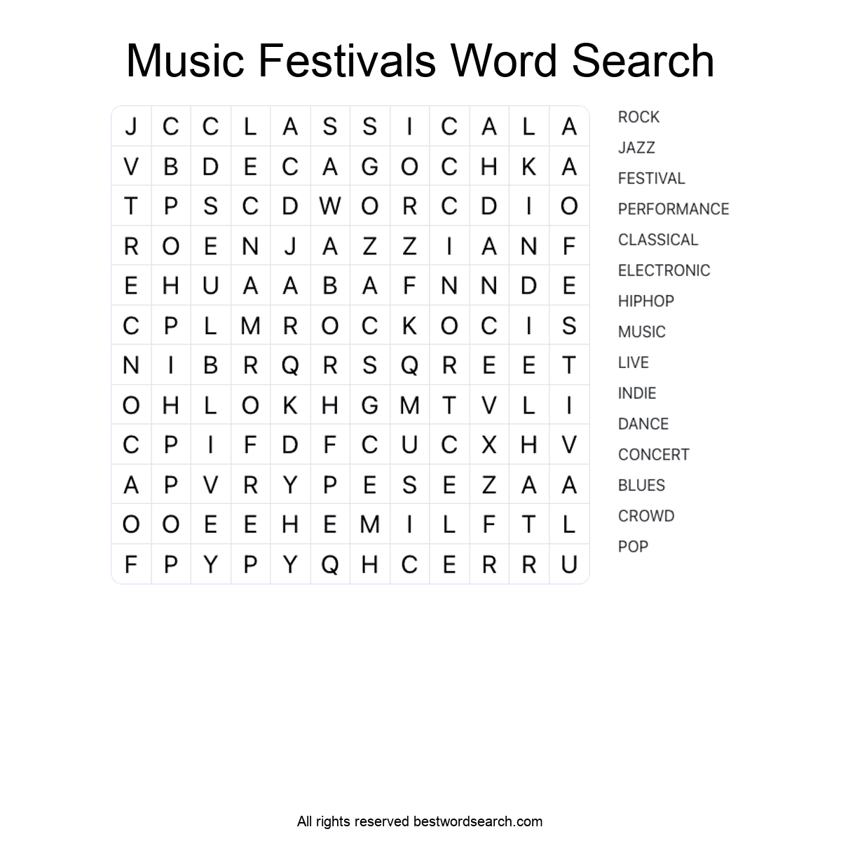 MUSIC FESTIVALS (MUSIC) Word Search Puzzle