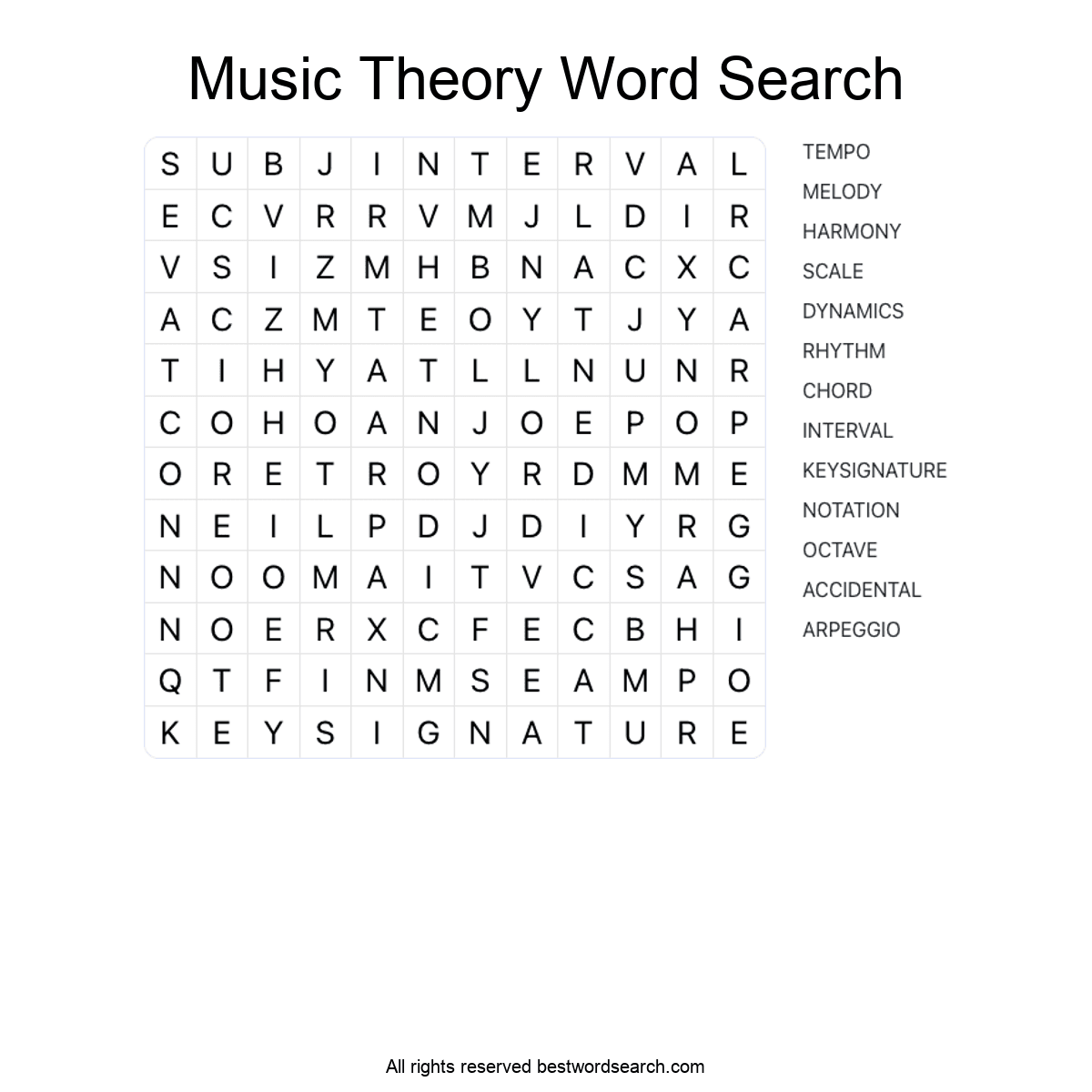 MUSIC THEORY (MUSIC) Word Search Puzzle