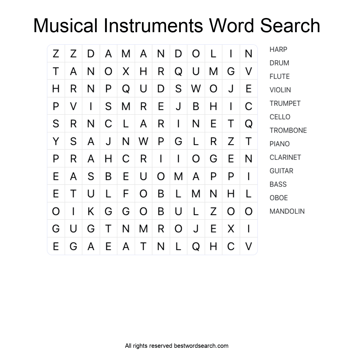 MUSICAL INSTRUMENTS (MUSIC) Word Search Puzzle