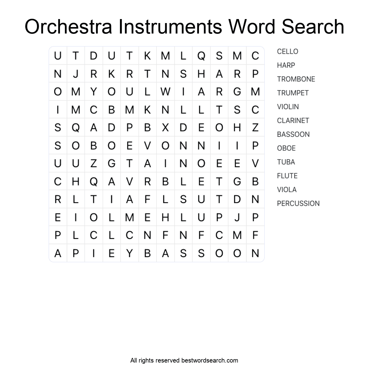 ORCHESTRA INSTRUMENTS (MUSIC) Word Search Puzzle