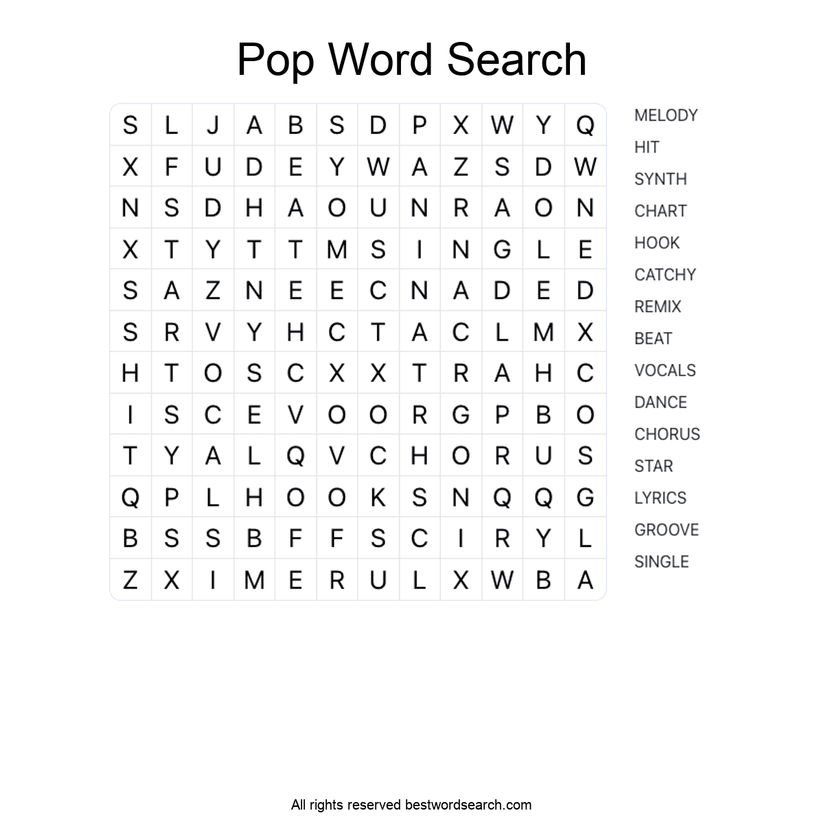 POP MUSIC (MUSIC) Word Search Puzzle