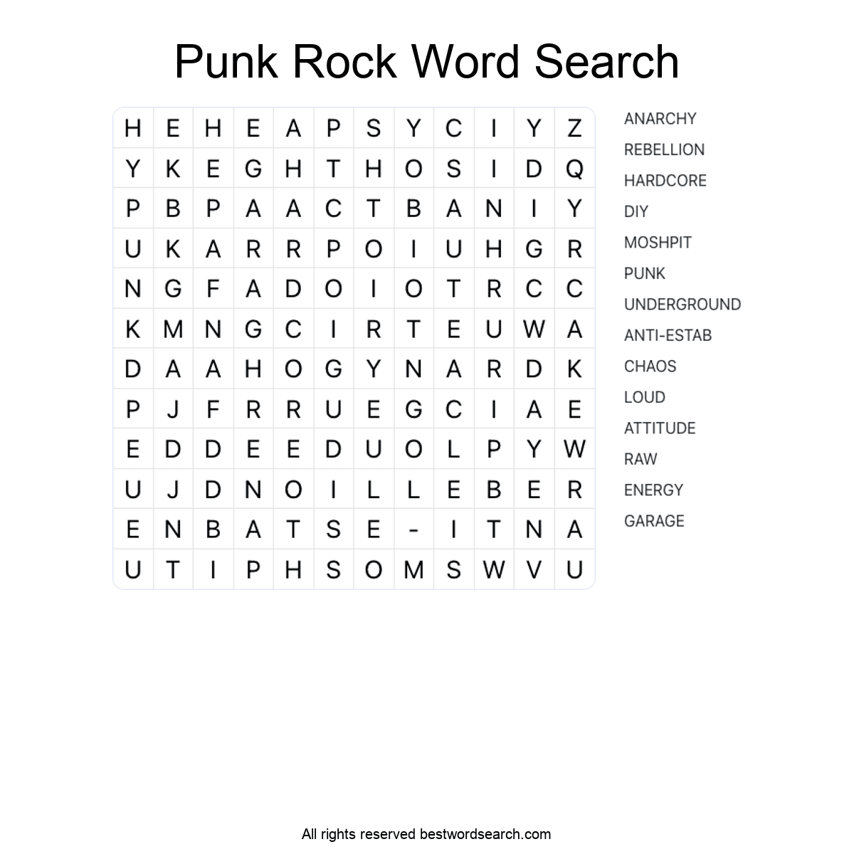 PUNK ROCK (MUSIC) Word Search Puzzle