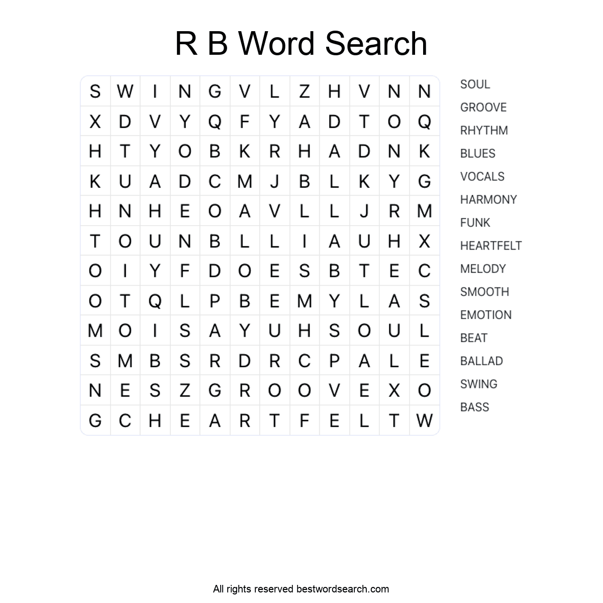 R&B (MUSIC) Word Search Puzzle