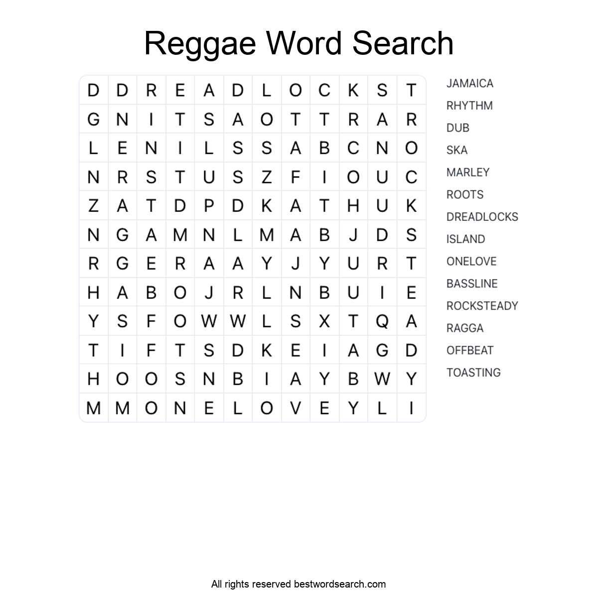 REGGAE (MUSIC) Word Search Puzzle