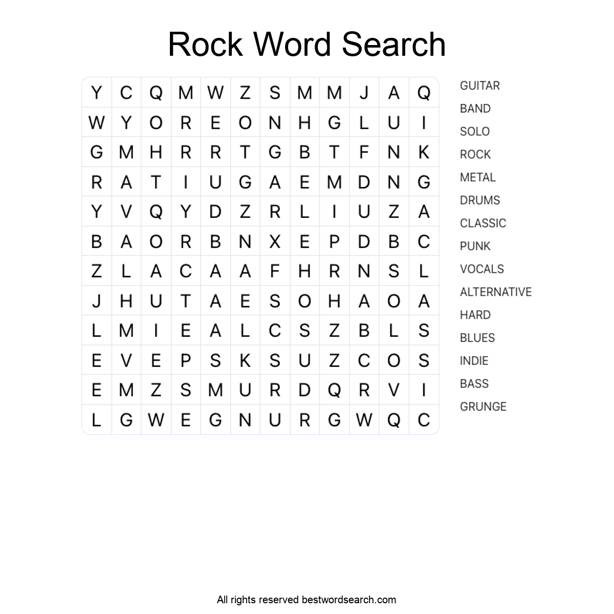 ROCK MUSIC (MUSIC) Word Search Puzzle