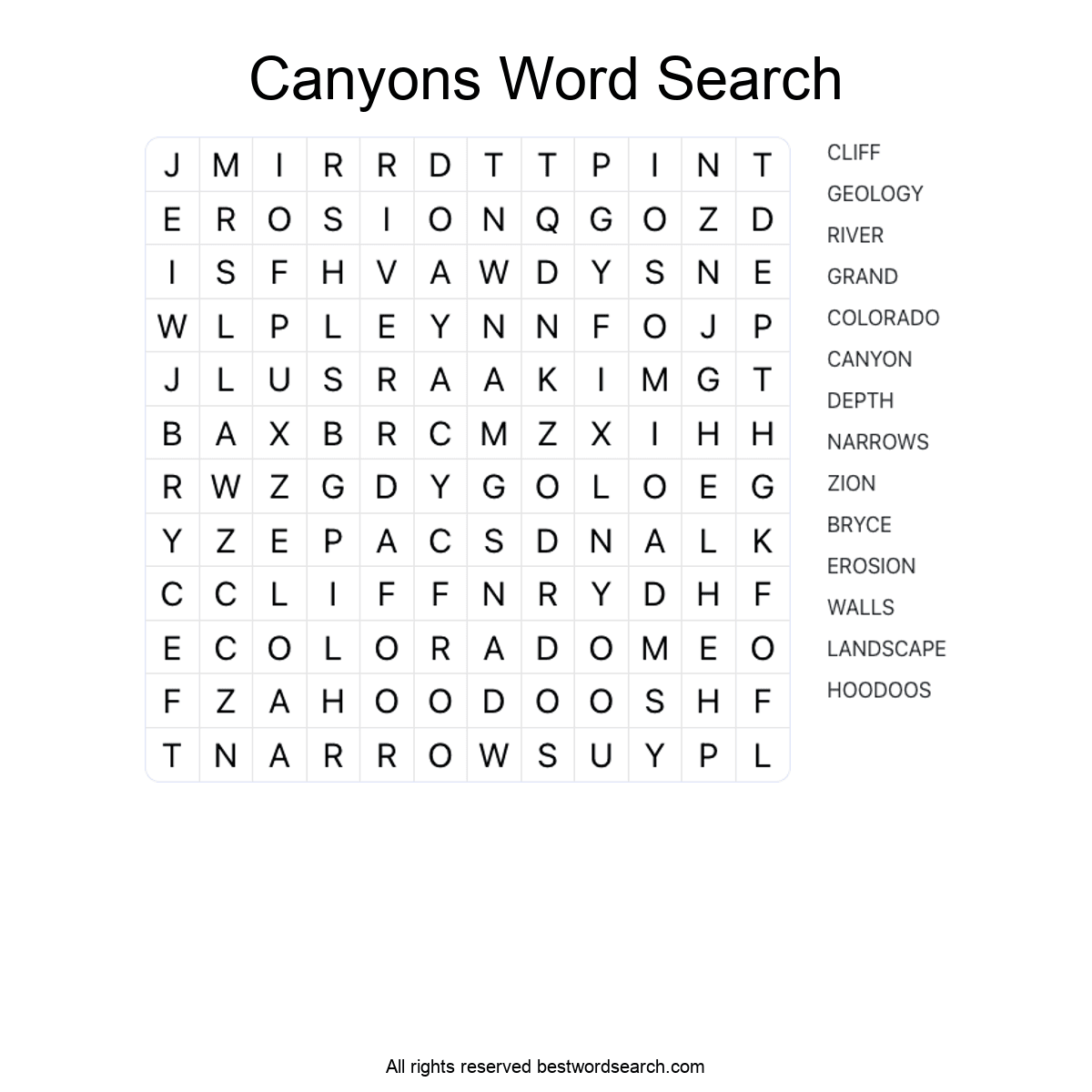 CANYONS (NATURE) Word Search Puzzle