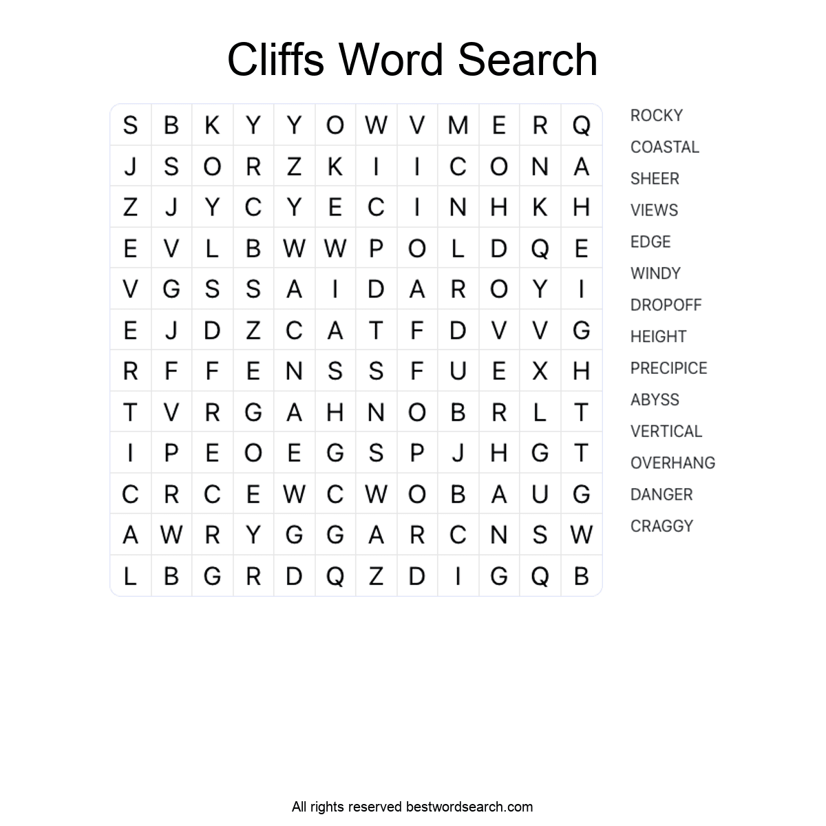 CLIFFS (NATURE) Word Search Puzzle