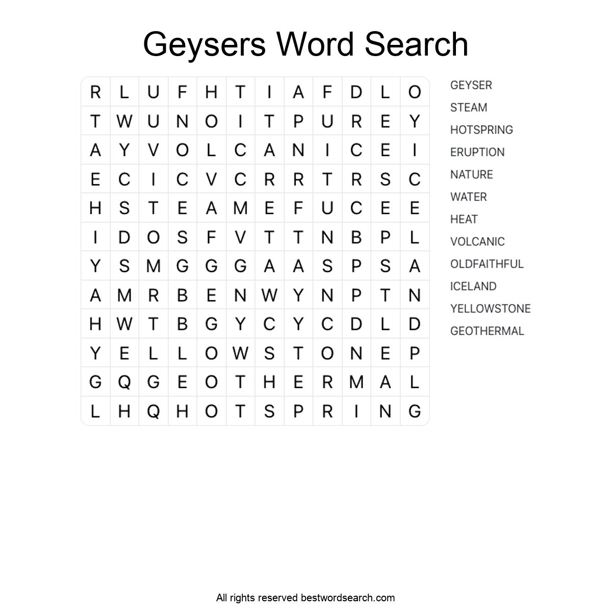 GEYSERS (NATURE) Word Search Puzzle