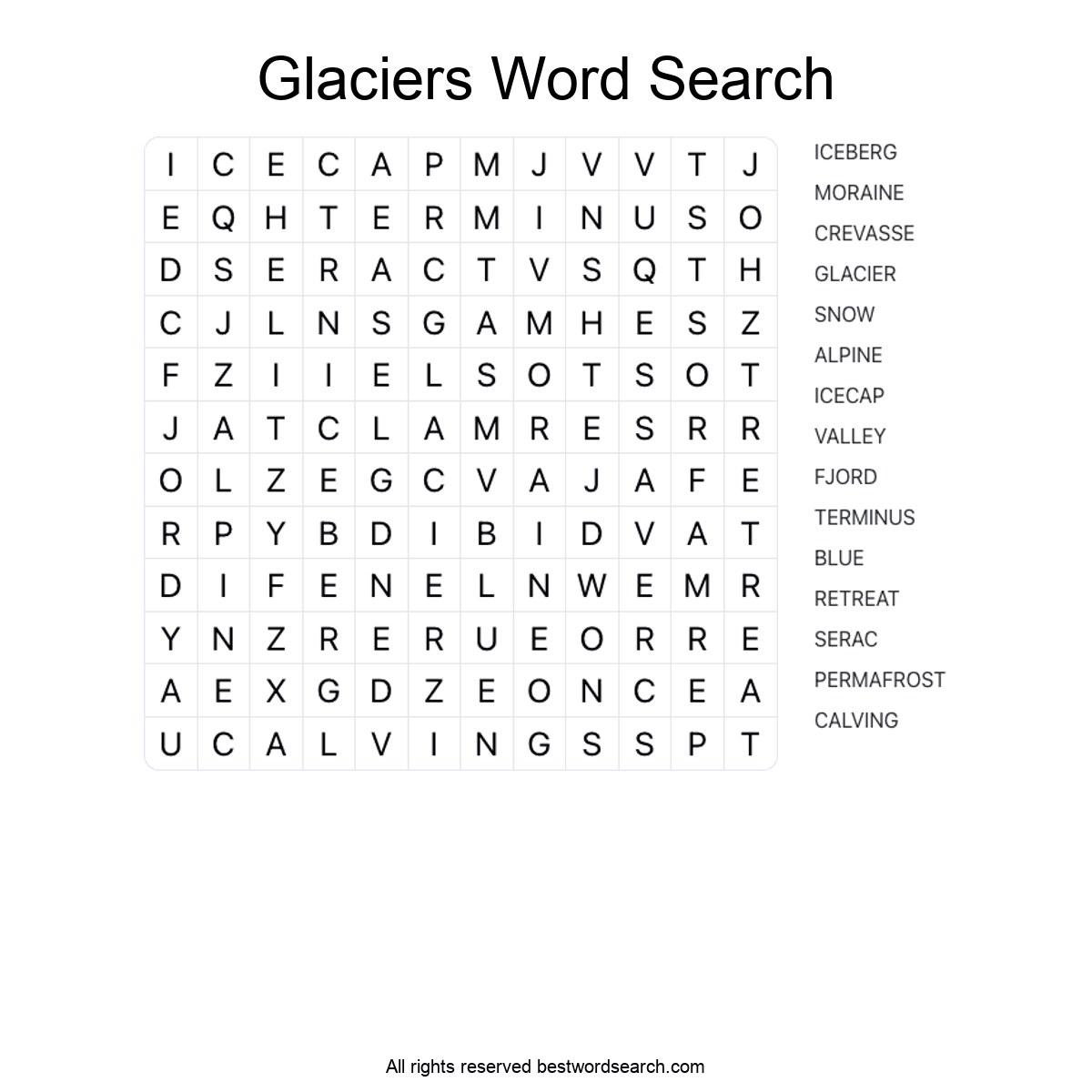 GLACIERS (NATURE) Word Search Puzzle