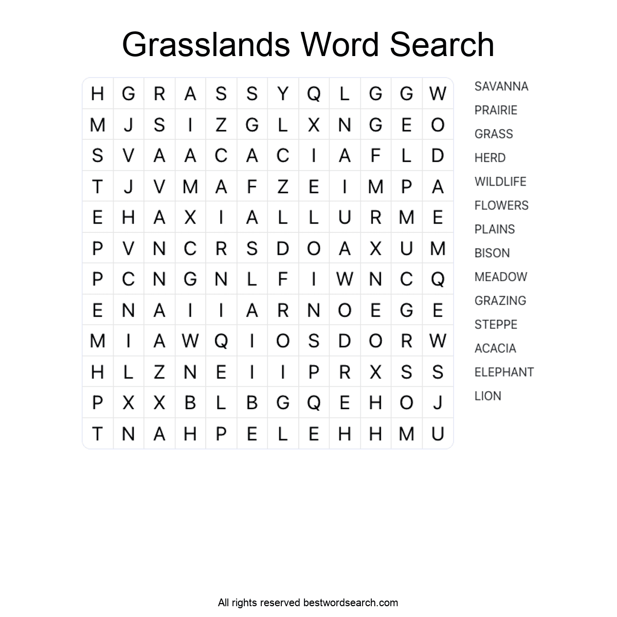 GRASSLANDS (NATURE) Word Search Puzzle