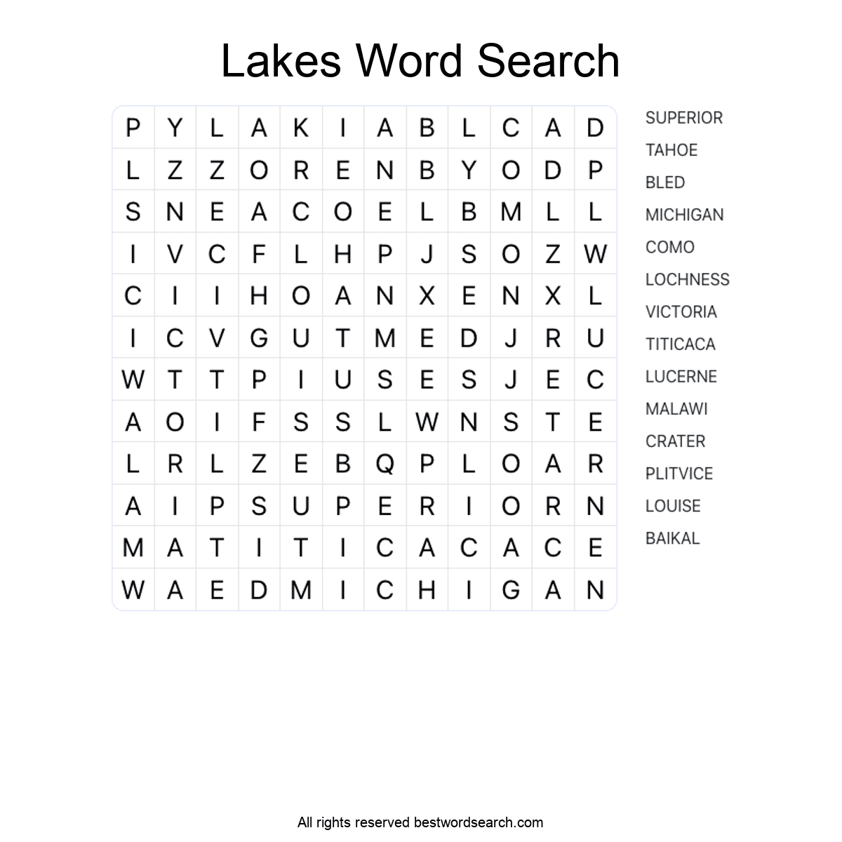 LAKES (NATURE) Word Search Puzzle