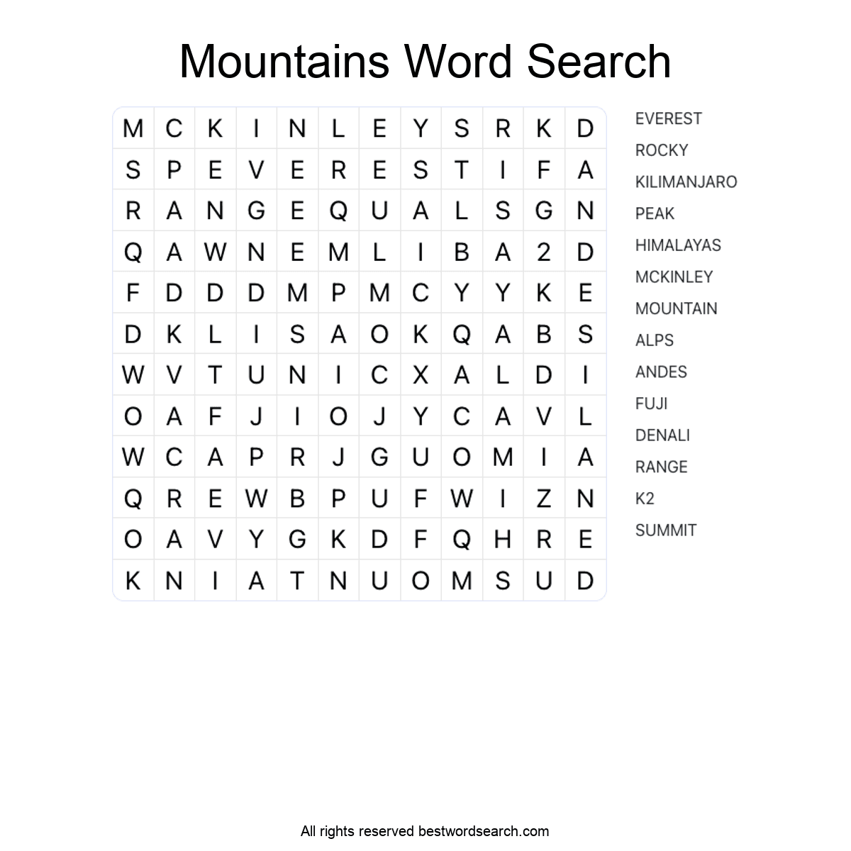 MOUNTAINS (NATURE) Word Search Puzzle