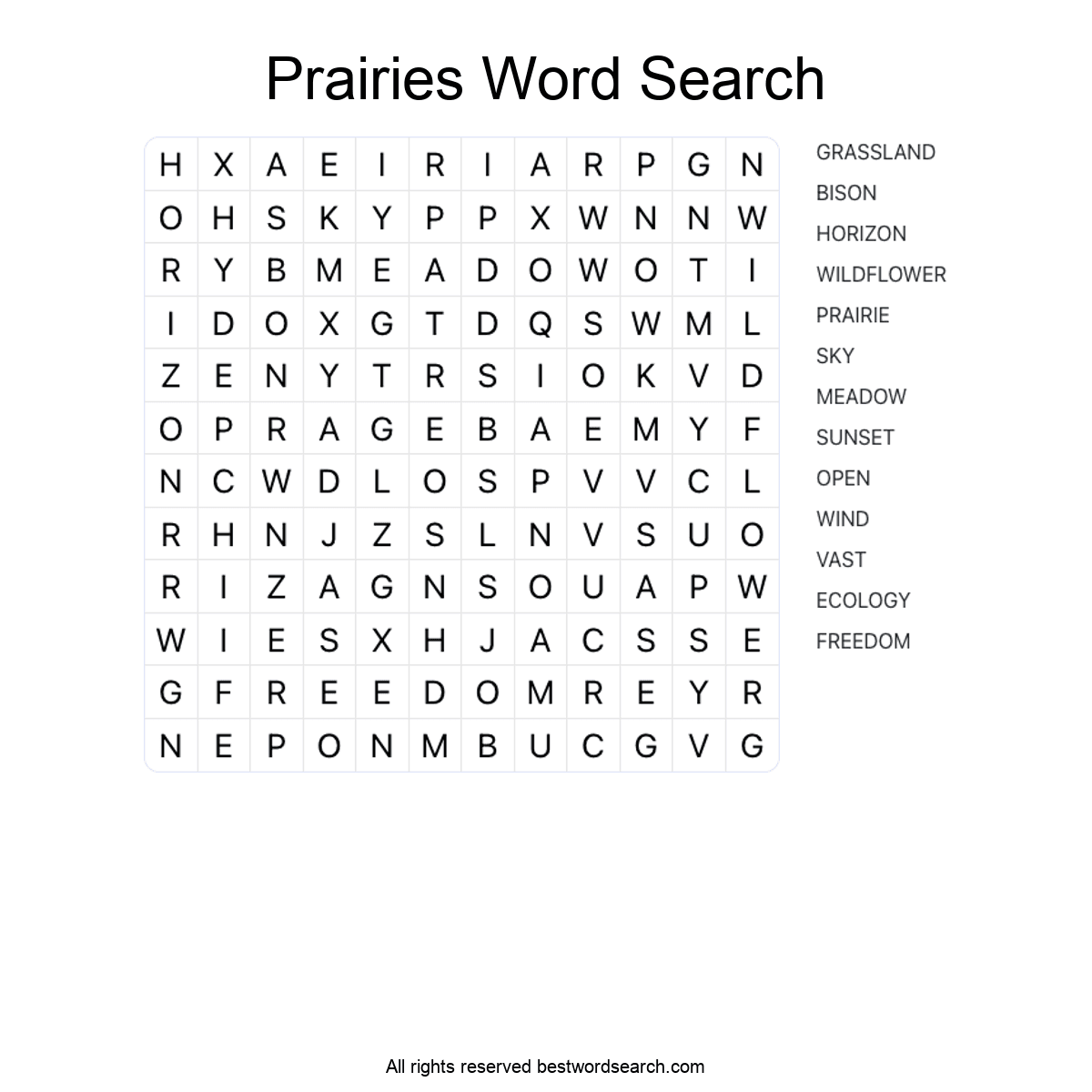 PRAIRIES (NATURE) Word Search Puzzle