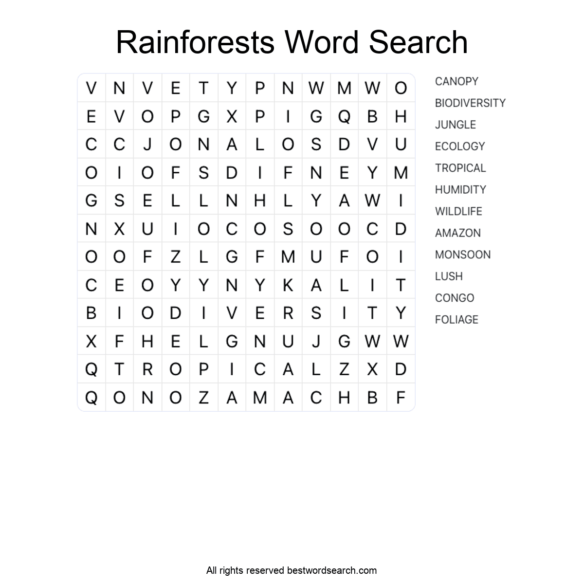 RAINFORESTS (NATURE) Word Search Puzzle