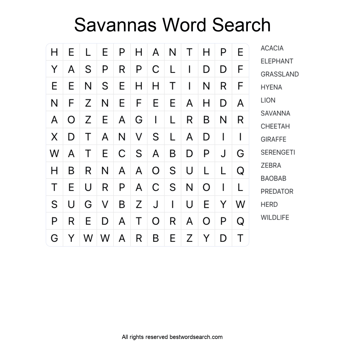 SAVANNAS (NATURE) Word Search Puzzle