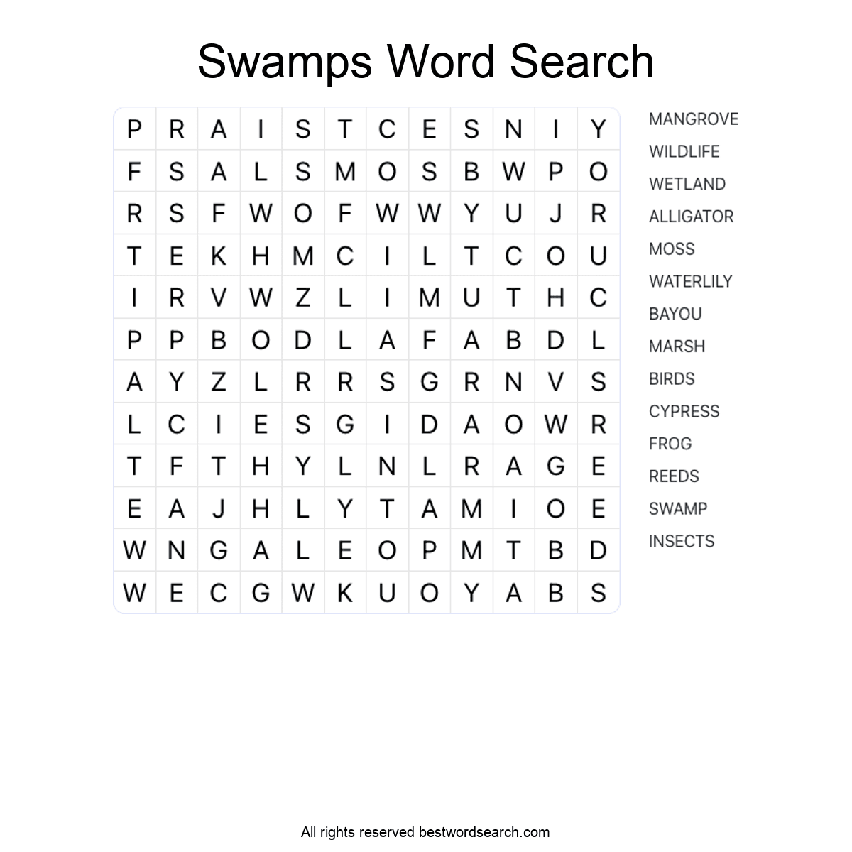 SWAMPS (NATURE) Word Search Puzzle