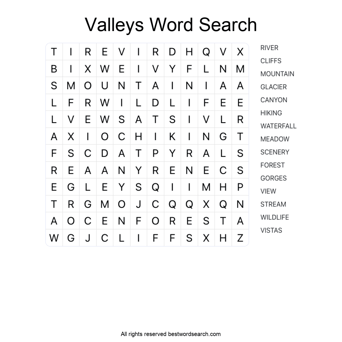 VALLEYS (NATURE) Word Search Puzzle