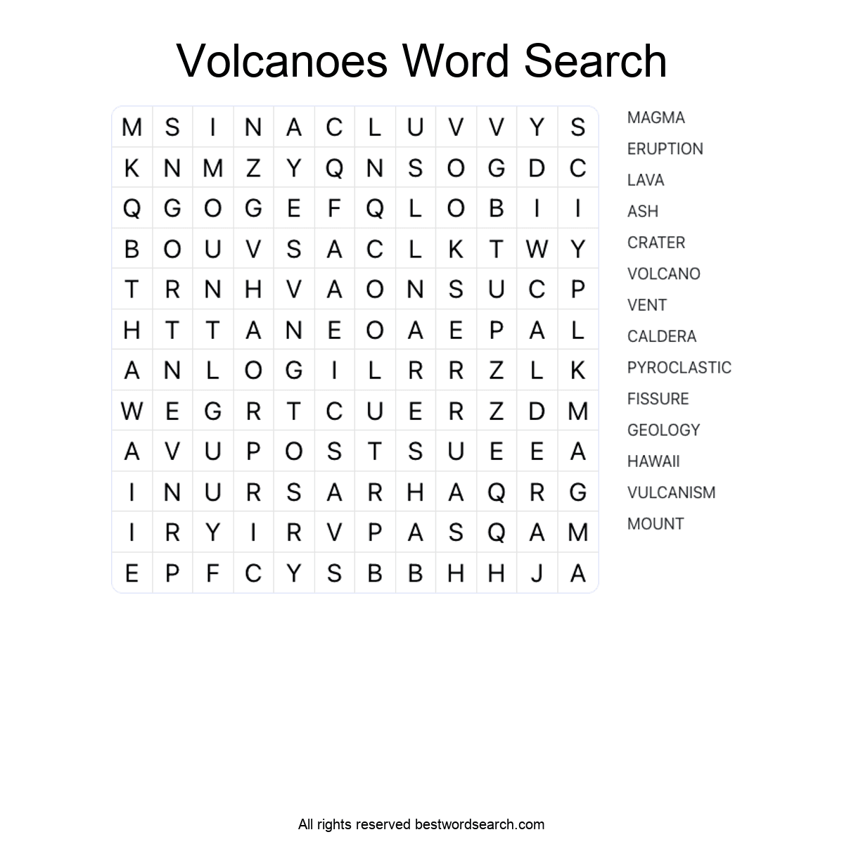 VOLCANOES (NATURE) Word Search Puzzle