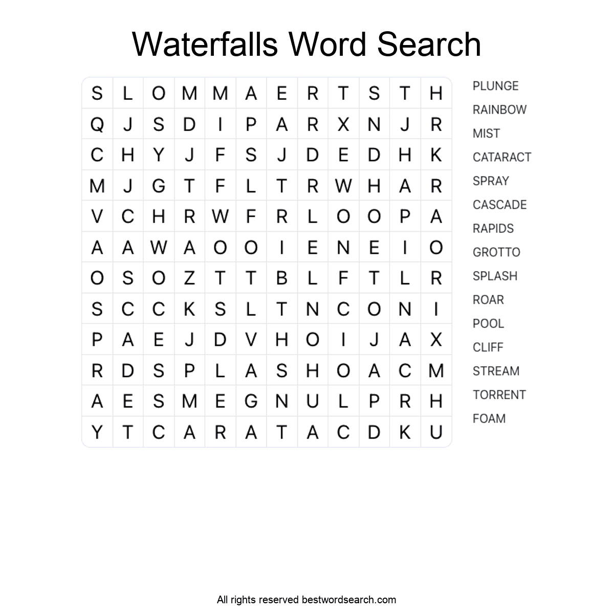 WATERFALLS (NATURE) Word Search Puzzle