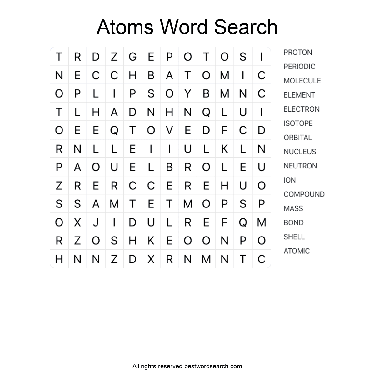 ATOMS (SCIENCE) Word Search Puzzle