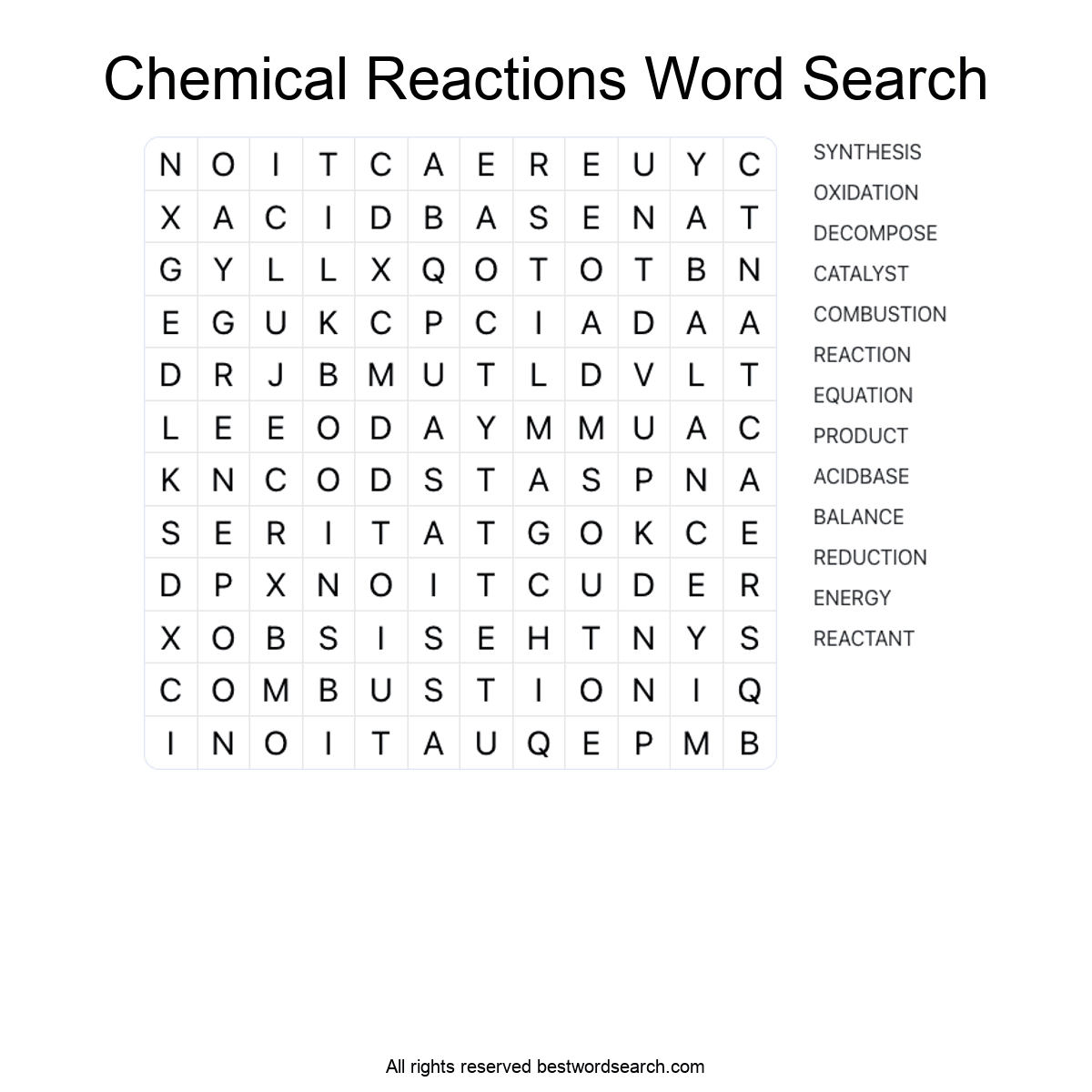 CHEMICAL REACTIONS (SCIENCE) Word Search Puzzle