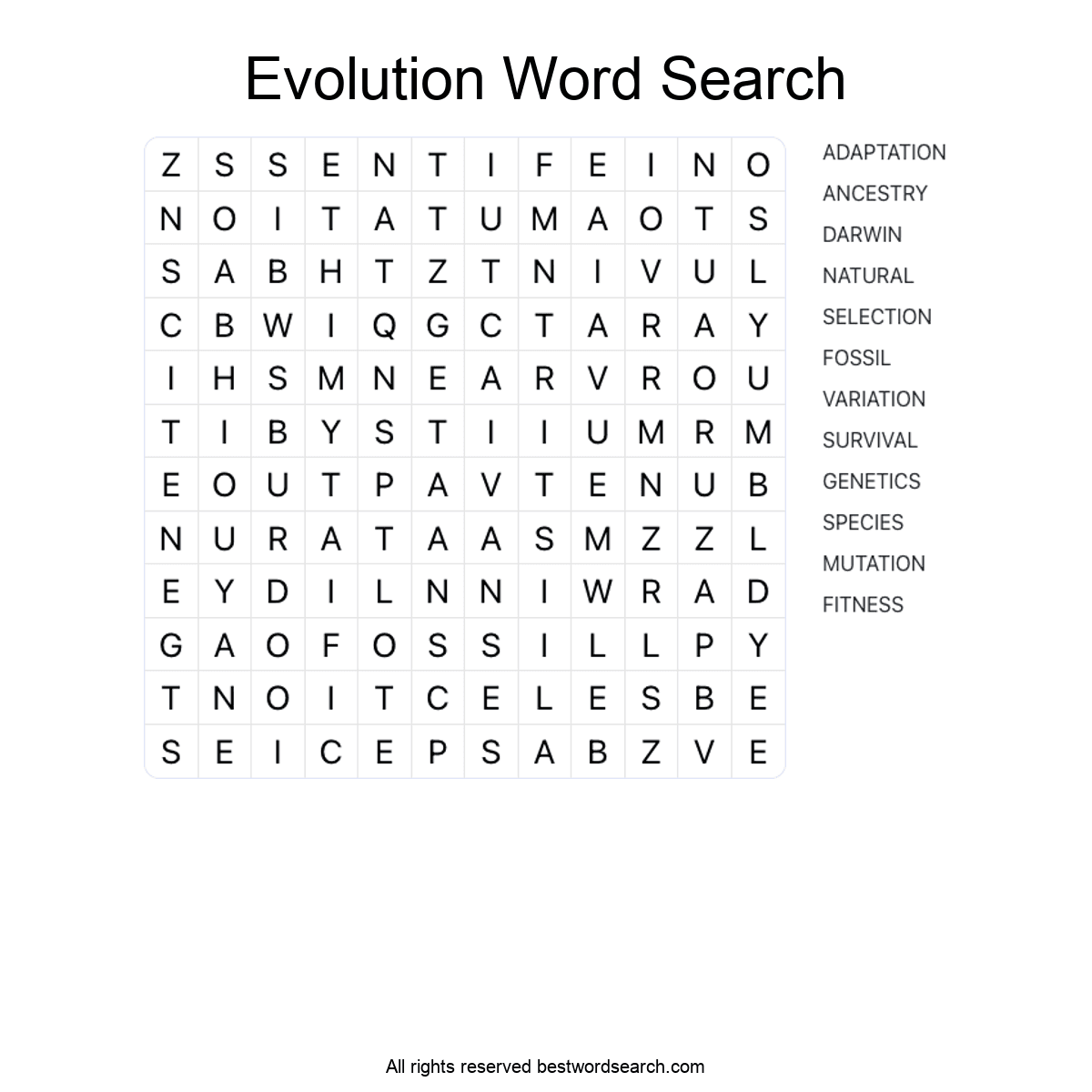 EVOLUTION (SCIENCE) Word Search Puzzle