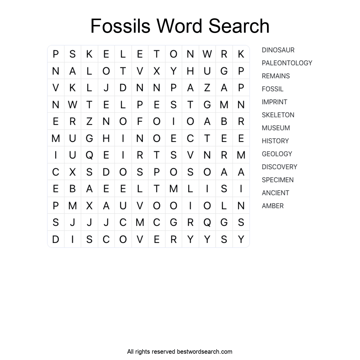 FOSSILS (SCIENCE) Word Search Puzzle