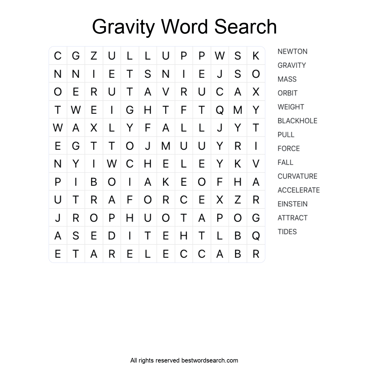 GRAVITY (SCIENCE) Word Search Puzzle