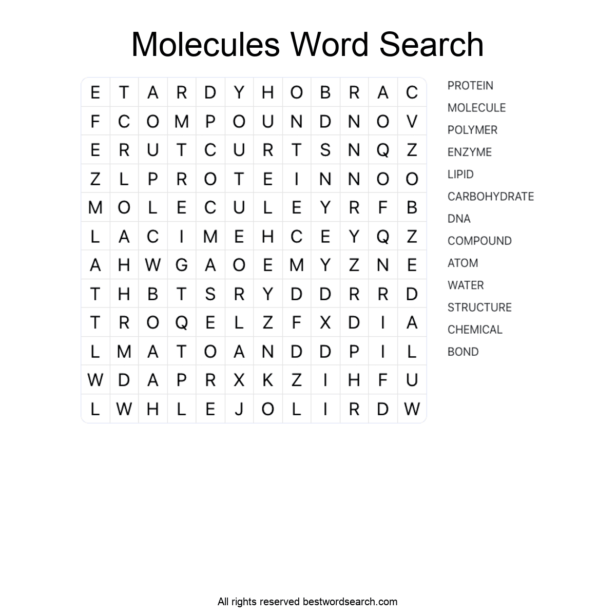 MOLECULES (SCIENCE) Word Search Puzzle