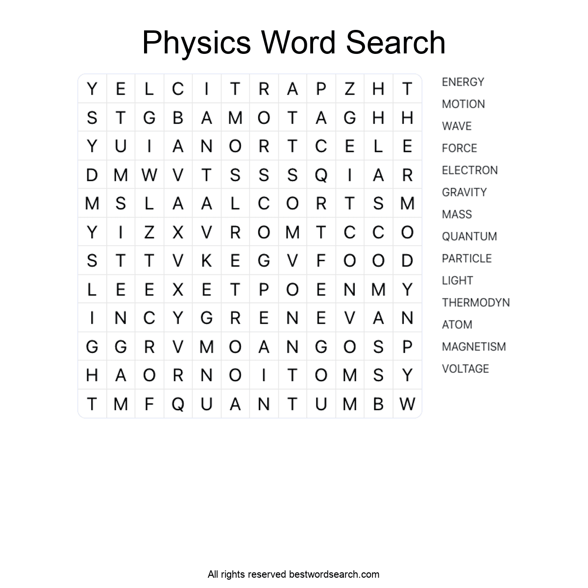 PHYSICS (SCIENCE) Word Search Puzzle