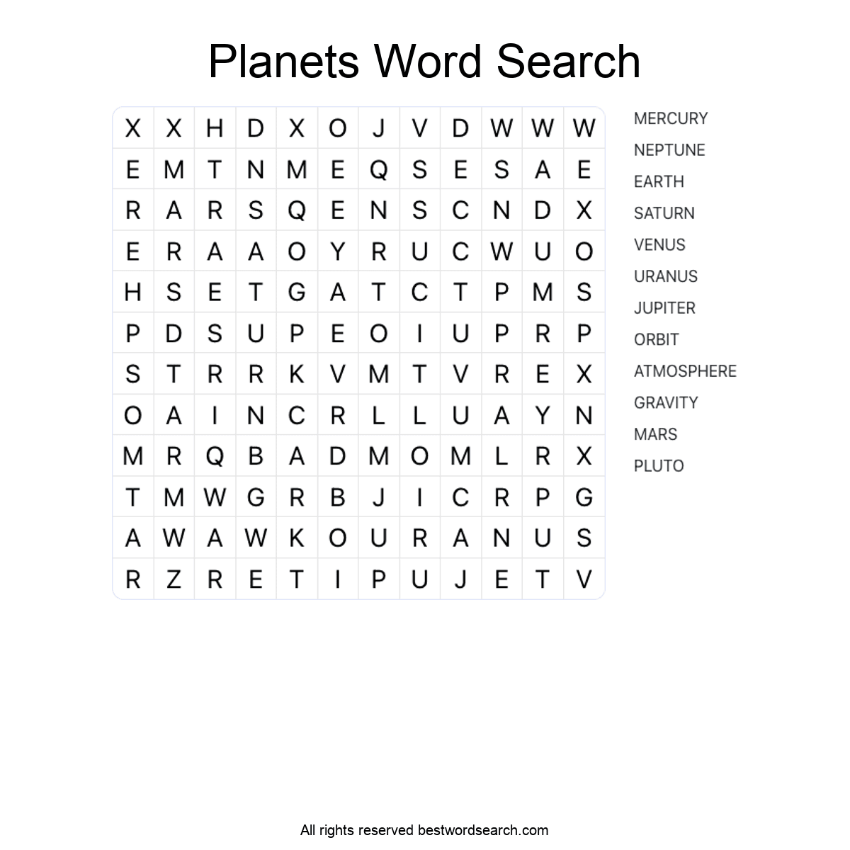 PLANETS (SCIENCE) Word Search Puzzle