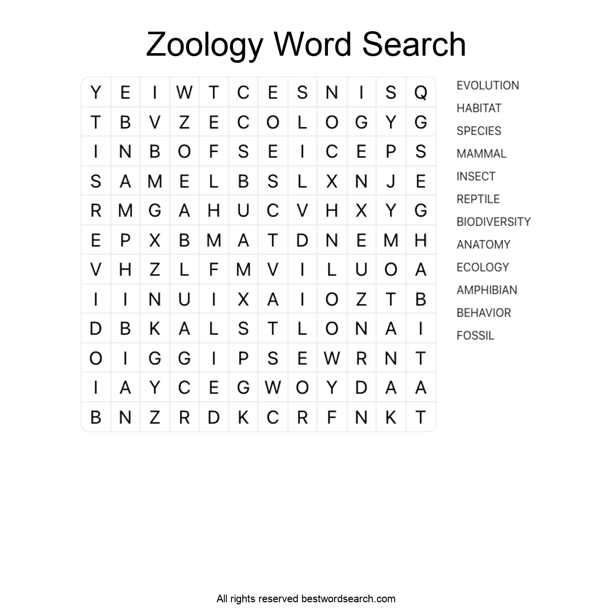 ZOOLOGY (SCIENCE) Word Search Puzzle