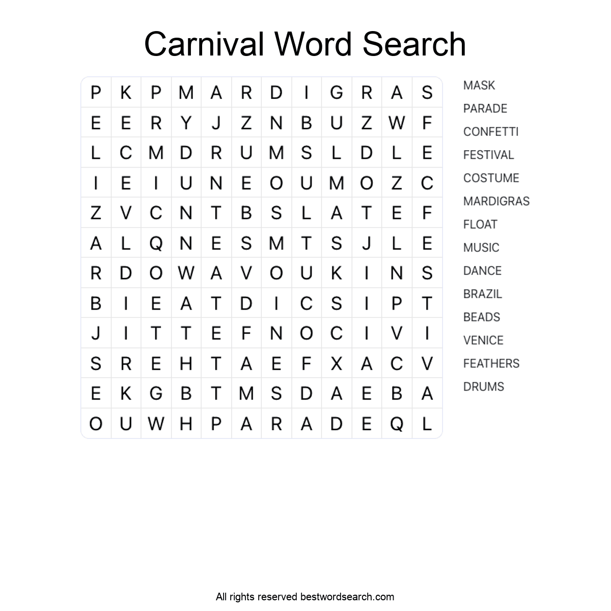 CARNIVAL (SEASONAL AND HOLIDAYS) Word Search Puzzle